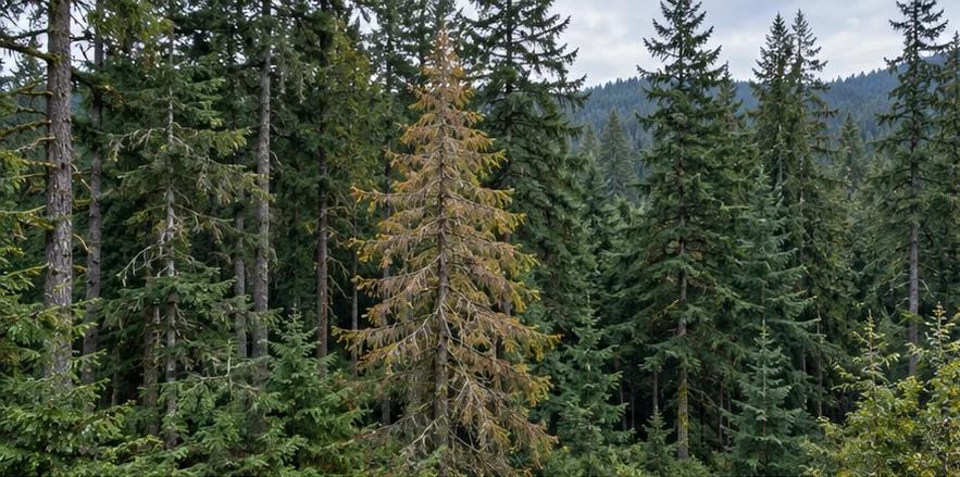 Dying evergreen tree with orange foliage among healthy conifers
